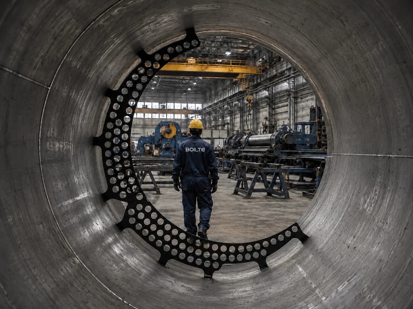 View from inside a shell course towards the shop and a worker