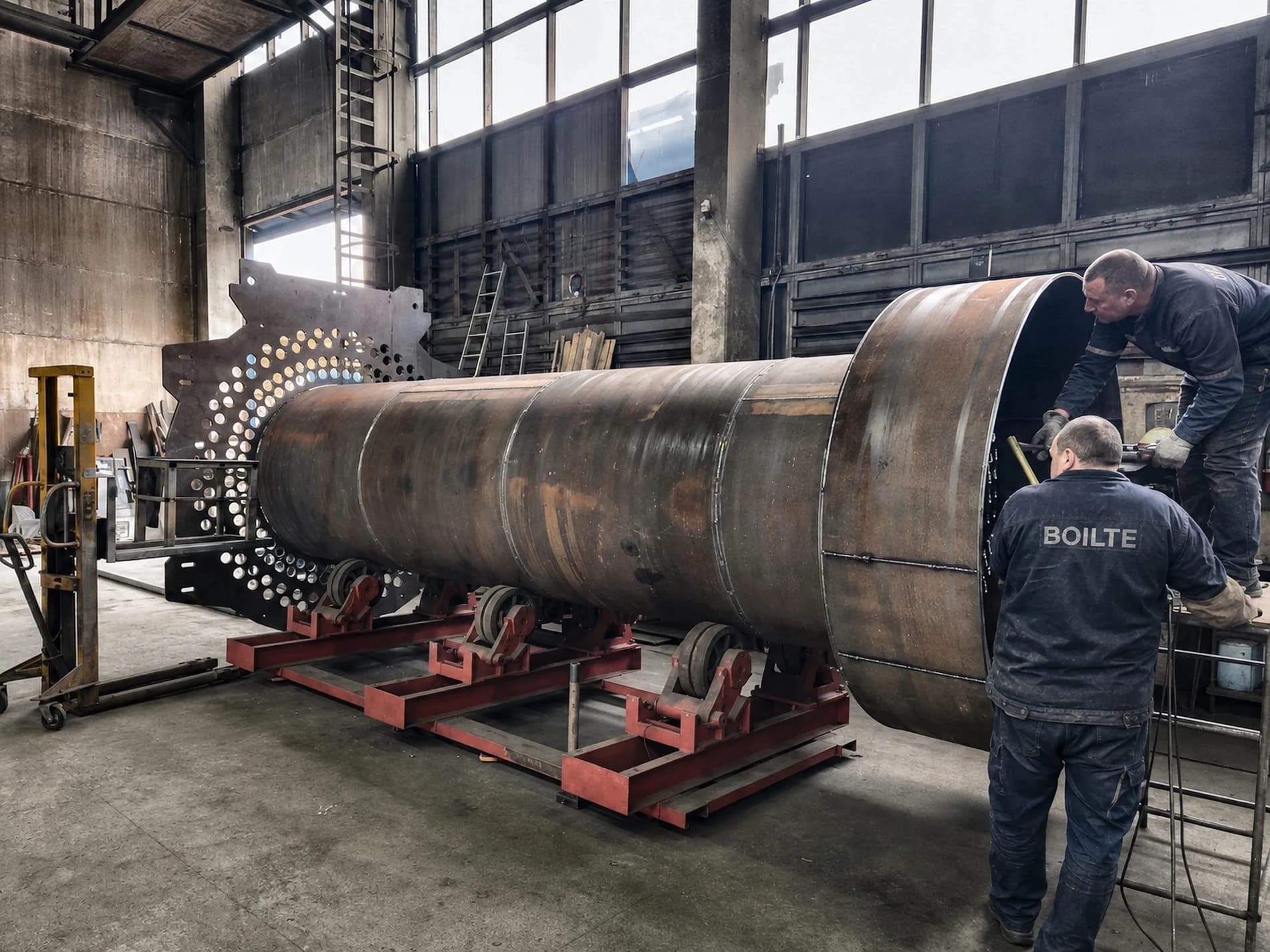 Shell assembly on turning rolls, tube sheet at the end