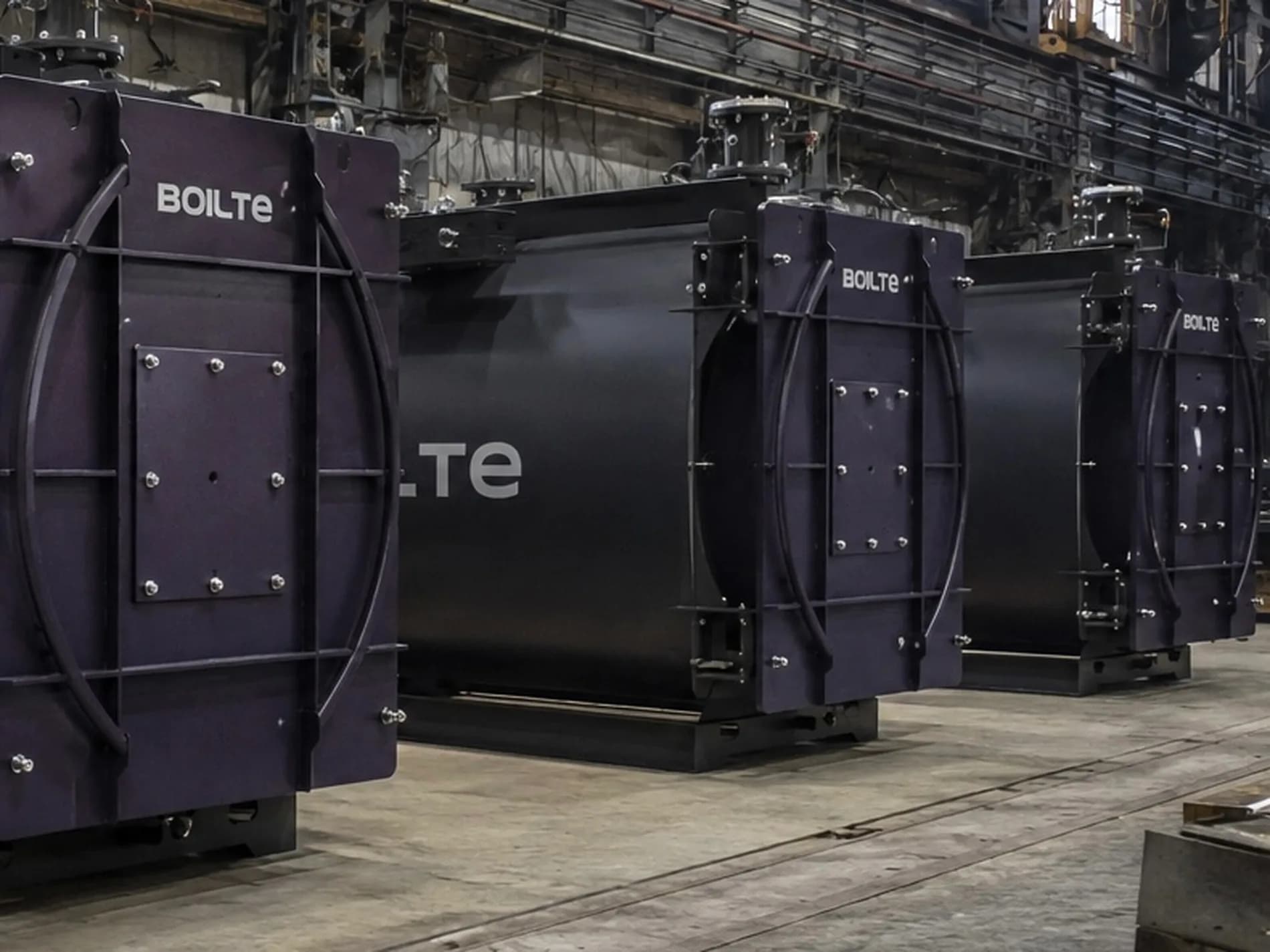 Three finished Boilte boilers in a row on the shop floor