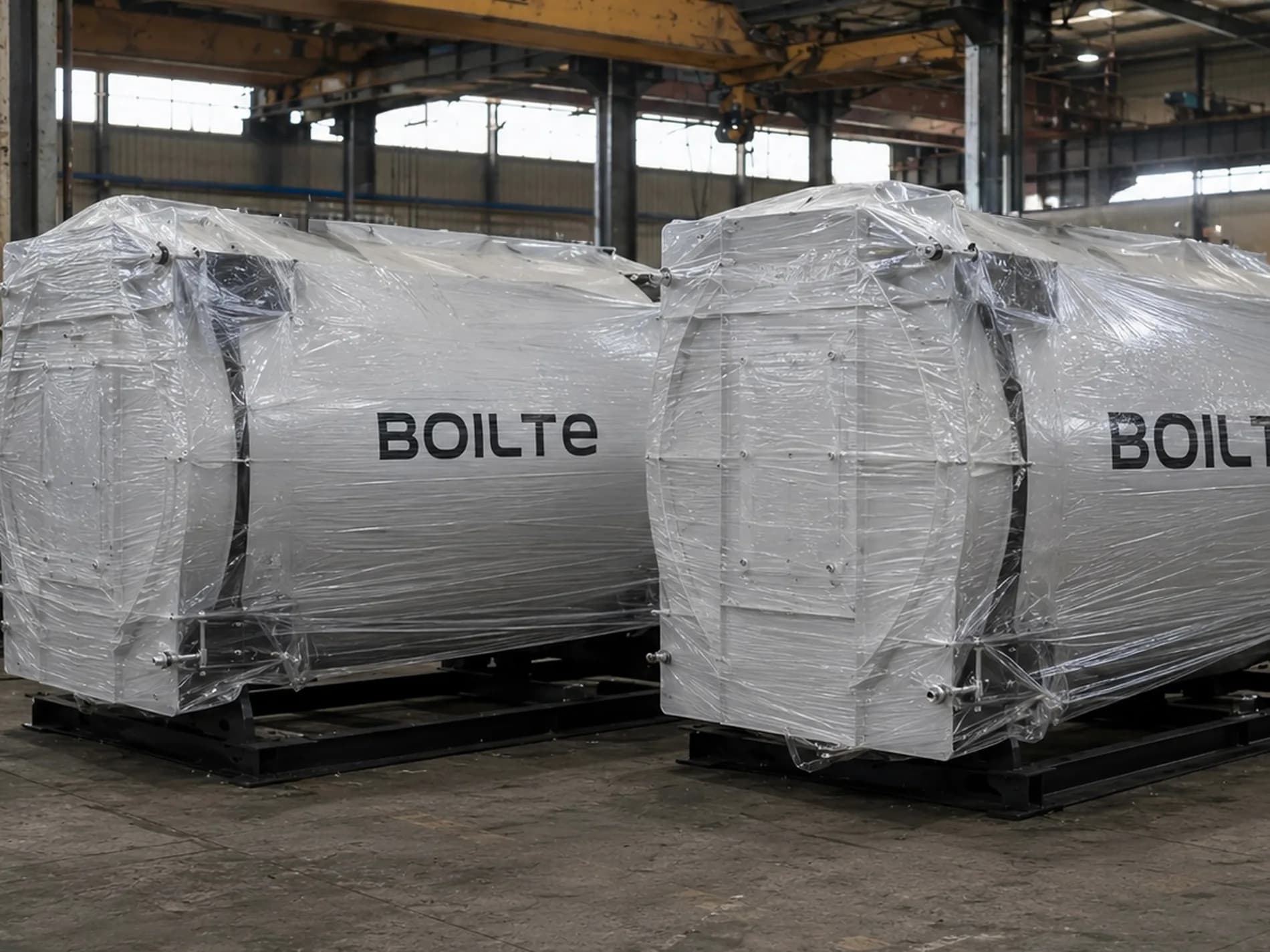 Two film-wrapped boilers ready for dispatch