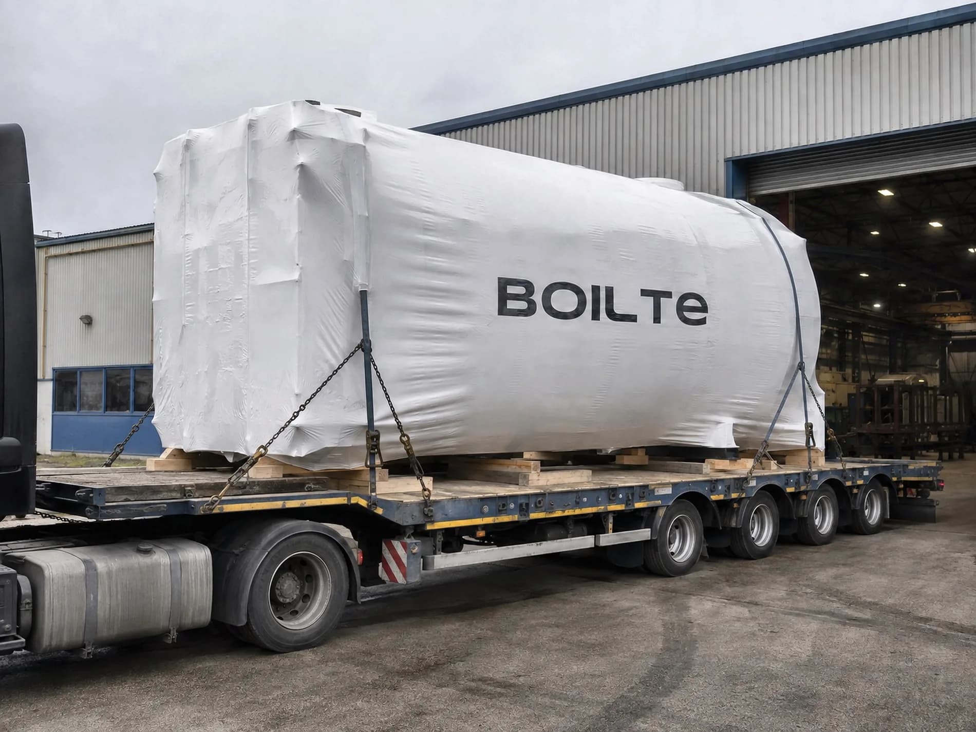 Wrapped Boilte boiler on a low-bed trailer at the plant gate